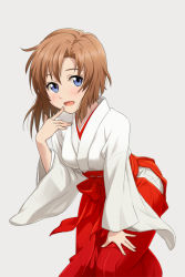 Rule 34 | 1girl, blue eyes, female focus, finger to mouth, grey background, higurashi no naku koro ni, japanese clothes, leaning forward, long sleeves, looking at viewer, miko, open mouth, orange hair, ryuuguu rena, short hair, simple background, solo, standing, yachiwo