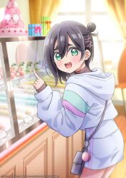1girl :d absurdres bag black_hair blush commentary_request copyright_notice double-parted_bangs green_eyes hair_between_eyes hair_ornament hairclip haraga_kurumi highres hood hooded_jacket indoors jacket kimi_no_koto_ga_dai_dai_dai_dai_daisuki_na_100-nin_no_kanojo looking_at_viewer looking_to_the_side official_art open_mouth pointing short_hair shoulder_bag smile solo teeth upper_teeth_only white_jacket