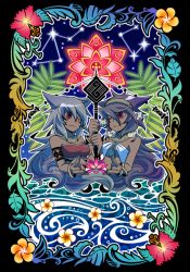 2girls bracelet breasts card_(medium) dark-skinned_female dark_skin eye_contact flower grey_hair herb jewelry long_hair looking_at_another multiple_girls one_eye_closed original purple_hair tattoo technoga
