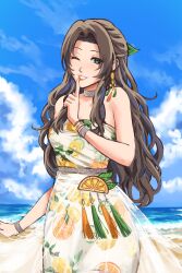 1girl aerith_gainsborough aerith_gainsborough_(citric_dress) bare_shoulders beach bracelet breasts brown_hair choker dress earrings final_fantasy final_fantasy_vii final_fantasy_vii_ever_crisis finger_to_mouth food-themed_earrings food_print food_themed_earrings fruit_print green_eyes green_ribbon hair_ribbon half_updo highres jewelry kivavis long_dress long_hair medium_breasts ocean official_alternate_costume one_eye_closed orange-shaped_earrings orange-shaped_ornament orange_print parted_bangs parted_lips print_dress ribbon see-through_clothes see-through_skirt sidelocks skirt smile solo strapless strapless_dress wavy_hair