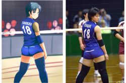 Rule 34 | 3girls, animification, ass, black eyes, black hair, black thighhighs, blue eyes, blue shirt, blue shorts, blue thighhighs, bracer, closed mouth, clothes writing, comparison, from behind, hands on own hips, highres, looking at viewer, looking back, multiple girls, multiple views, photo-referenced, photo (medium), photo inset, playing sports, real life, reference photo, shirt, short shorts, short sleeves, shorts, solo focus, sportswear, standing, thighhighs, volleyball, volleyball uniform, yoshimura shiho, z666ful