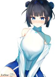 Rule 34 | 1girl, aties20, black hair, blue eyes, blue hair, blue shorts, blush, breasts, closed mouth, commentary request, detached sleeves, double bun, hair bun, hair intakes, hololive, hololive english, large breasts, long sleeves, multicolored hair, nose blush, ouro kronii, shirt, short hair, shorts, simple background, sleeveless, sleeveless shirt, solo, two-tone hair, virtual youtuber, white background, white shirt, white sleeves