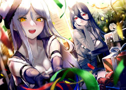 Rule 34 | 2girls, abyssal ship, alternate costume, battleship princess, black hair, blush, box, breasts, christmas, cleavage, closed mouth, collarbone, commentary request, earrings, gift, gift box, hair between eyes, hand on own face, hat, highres, holding, horns, jewelry, kantai collection, large breasts, long hair, long sleeves, multiple girls, open mouth, pale skin, party popper, pom pom (clothes), red eyes, round teeth, santa hat, smile, ta-class battleship, teeth, upper teeth only, walzrj, white hair, white headwear, yellow eyes
