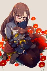 Rule 34 | 1girl, arm strap, black dress, black gloves, blue dress, blush, braid, braided ponytail, breasts, brown eyes, brown hair, center opening, dress, earrings, echo (circa), elbow gloves, fate/grand order, fate (series), flower, glasses, gloves, jewelry, layered dress, long hair, long sleeves, medium breasts, open mouth, ribbed dress, ribbon-trimmed dress, ribbon trim, simple background, single braid, solo, very long hair, xiang yu (fate), yu mei-ren (fate), yu mei-ren (first ascension) (fate)