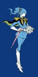 1girl absurdres belt black_ribbon blue_background blue_eyes blue_hair blue_jacket blue_pants boots char_aznable char_aznable_(cosplay) check_commentary commentary_request cosplay epaulettes floating_hair from_side gloves gundam gundam_gquuuuuux hair_ribbon helmet high_heel_boots high_heels highres holding holding_helmet hololive hoshimachi_suisei hyde_(tabakko) jacket knee_boots long_hair mask military_uniform mobile_suit_gundam pants profile ribbon side_ponytail solo standing sword unworn_headwear unworn_helmet virtual_youtuber weapon white_belt white_boots white_gloves zeon