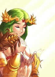 1boy 1girl ahoge angel angel_wings asma_art blood bloody_wings brown_hair circlet closed_eyes feathers green_hair highres hug kid_icarus kid_icarus_uprising laurel_crown nintendo palutena pit_(kid_icarus) upper_body vambraces watermark wings