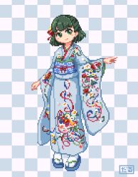 1girl artist_name blue_background blue_kimono blue_sandals blue_sash blunt_bangs blush_stickers checkered_background commentary_request daru_pixel floral_print floral_print_kimono full_body green_eyes green_hair half_updo hasu_no_sora_karuta_(love_live!) japanese_clothes kimono link!_like!_love_live! long_sleeves looking_at_viewer love_live! momose_ginko obi obiage obijime official_alternate_costume pixel_art print_kimono sandals sash short_hair smile solo standing tabi virtual_youtuber wide_sleeves
