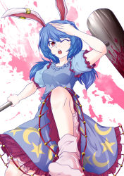 1girl animal_ears benizuwai bloomers blue_dress blue_hair commentary_request dress female_focus highres kine long_hair mallet one_eye_closed open_mouth rabbit_ears red_eyes seiran_(touhou) short_sleeves socks solo splatter touhou underwear