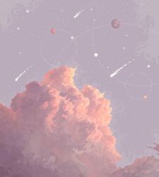 artist_name chel_faust cloud cloud_focus cloudy_sky commentary cumulonimbus_cloud english_commentary highres no_humans original pastel_colors pink_clouds pink_theme pixel_art planet scenery shooting_star sky sky_focus star_(sky) starry_sky twitter_username
