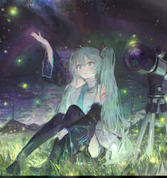 1girl aqua_eyes aqua_hair aqua_necktie arm_up black_boots black_skirt black_sleeves black_thighhighs blue_nails blue_trim boots bug collared_shirt detached_sleeves firefly full_body grass grey_shirt hair_between_eyes hair_ornament hatsune_miku highres insect light_blush long_hair long_sleeves mihoranran mountainous_horizon nail_polish necktie night night_sky number_tattoo open_mouth outdoors pale_skin parted_lips pleated_skirt power_lines shirt shoulder_tattoo sitting skirt sky sleeveless sleeveless_shirt solo star_(sky) tattoo telescope thighhighs twintails utility_pole very_long_hair vocaloid
