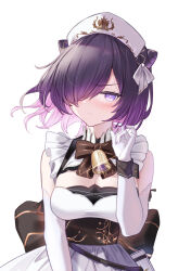 1girl arms_up azur_lane bell black_bow black_bowtie black_wrist_cuffs bow bowtie breasts cleavage cleavage_cutout closed_mouth clothing_cutout commentary_request cone_hair_bun double_bun dress dress_bow elbow_gloves embarrassed frilled_dress frills gloves gold_trim hair_between_eyes hair_bun hair_over_one_eye hand_in_own_hair hat highres jervis_(azur_lane) looking_at_viewer medium_breasts nurse_cap partial_commentary playing_with_own_hair purple_eyes purple_hair rubisco short_hair simple_background solo upper_body waist_bag white_background white_bag white_dress white_gloves wrist_cuffs