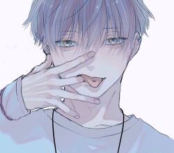1boy ear_piercing finger_to_mouth green_eyes grey_hair grey_slippers hair_between_eyes hand_on_own_face jewelry looking_at_viewer male_focus necklace original piercing portrait short_hair simple_background slippers suzukifuka tongue tongue_out tongue_piercing white_background
