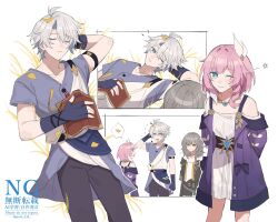 1boy 2girls ;) ahoge black_coat black_pants book breasts coat cyrene_(honkai:_star_rail) dress fingerless_gloves gloves grey_hair highres holding holding_book honkai:_star_rail honkai_(series) jewelry lying medium_hair multicolored_hair multiple_girls necklace on_back one_eye_closed open_book pants phainon_(a_dream_scented_in_wheat)_(honkai:_star_rail) phainon_(honkai:_star_rail) pink_hair purin_234 purple_coat purple_gloves purple_shirt shirt short_hair small_breasts smile stelle_(honkai:_star_rail) trailblazer_(honkai:_star_rail) two-tone_hair white_dress white_hair white_shirt