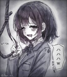 1girl black_eyes black_hair bruise bruise_on_face bruised_eye fumi_min grey_background greyscale highres holding imminent_suicide injury jacket looking_at_viewer monochrome noose one_eye_closed open_mouth scar school_uniform short_hair simple_background smile solo v