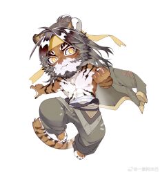 1boy abs animal_ears arknights chibi chinese_commentary claws closed_mouth commentary_request fang fang_out furry furry_male grey_pants headband highres huai_tianpei_(arknights) male_focus muscular muscular_male nipples pants pectorals shirt tail tiger_boy tiger_ears tiger_tail topless_male unworn_shirt watermark weibo_watermark white_background yellow_headband yi_tan_a_mi_ba