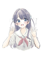 1girl :d baran._(ba_ra_ran) blue_eyes blue_hair blush borrowed_hairstyle breast_pocket collarbone cropped_torso dress grey_dress hair_ornament highres hinoshita_kaho link!_like!_love_live! long_hair looking_at_viewer love_live! mole mole_on_neck murano_sayaka neckerchief open_mouth pocket puffy_short_sleeves puffy_sleeves rabbit_hair_ornament rabbit_pose red_neckerchief sailor_collar sailor_dress short_sleeves smile solo summer_uniform sweatdrop two_side_up virtual_youtuber white_sailor_collar
