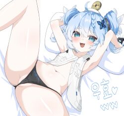 1girl bed black_panties blue_eyes blue_hair blush cameltoe double_bun fang flat_chest hair_bun heart highres hururu_(vldptmxk1054) loli looking_at_viewer navel open_mouth panties pillow short_twintails skin_fang smile twintails underwear wuthering_waves youhu_(wuthering_waves)