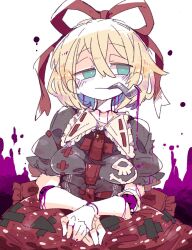 1girl black_shirt blue_eyes breasts doll_joints hair_between_eyes hair_ribbon highres joints looking_to_the_side massakasama medicine_melancholy medium_breasts pipe_in_mouth red_ribbon red_skirt ribbon shirt short_sleeves simple_background skirt smoking_pipe solo touhou white_background