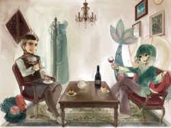 Rule 34 | 00s, 2boys, bad id, bad pixiv id, blue hair, cake, chandelier, character request, clamperl, coat rack, cup, cupcake, drinking glass, eating, food, gen 3 pokemon, glass, gym leader, holding, holding unworn clothes, holding unworn scarf, juan (pokemon), luvdisc, male focus, milotic, multicolored hair, multiple boys, nintendo, photo (object), plate, pokemon, pokemon (creature), pokemon rse, scarf, table, tea, two-tone hair, ucchii, unworn scarf, wallace (pokemon), wine glass