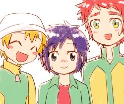 Rule 34 | 3boys, appmon, artist request, blonde hair, blue hair, blush, bucket hat, closed eyes, digimon, digimon adventure 02, digimon frontier, digimon universe: appli monsters, green eyes, hat, kimura kouichi, multiple boys, open mouth, ozora yujin, red hair, short hair, simple background, smile, tagme, takaishi takeru, white background