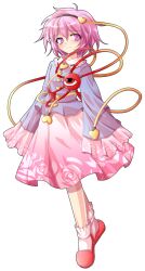 1girl alphes_(style) black_hairband blue_shirt blush buttons closed_mouth commentary_request dairi dress floral_print frilled_socks frills full_body hairband heart heart_button komeiji_satori parody pink_hair pink_skirt pink_slippers purple_eyes rose_print shirt short_hair skirt sleeves_past_fingers sleeves_past_wrists slippers smile socks solo style_parody third_eye touhou transparent_background white_socks wide_sleeves