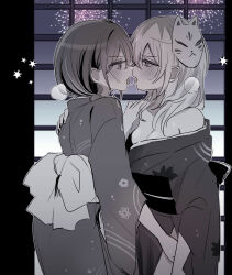 2girls absurdres aerial_fireworks back_bow blush bow breasts cleavage commentary fireworks fox_mask girls_band_cry greyscale hamchan69 hand_on_another&#039;s_shoulder hand_on_another&#039;s_thigh highres indoors iseri_nina japanese_clothes kawaragi_momoka kimono large_breasts long_hair mask monochrome multicolored_hair multiple_girls night obi off_shoulder open_mouth roots_(hair) saliva saliva_trail sash short_twintails sweat tongue tongue_out twintails yuri