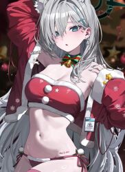 1girl animal_ear_fluff animal_ears bell bikini blue_archive blue_eyes blue_nails blush breasts broken_halo christmas commentary_request cross cross_hair_ornament dark_halo ear_piercing earrings extra_ears facial_mark fingernails fur-trimmed_bikini fur_trim grey_hair hair_between_eyes hair_ornament halo heart heart_facial_mark inverted_cross jacket jewelry jingle_bell kkato korean_commentary long_fingernails long_hair long_sleeves looking_at_viewer medium_breasts mismatched_pupils multiple_earrings navel neck_bell neck_ribbon off_shoulder open_clothes open_jacket open_mouth piercing red_bikini red_jacket red_thighhighs ribbon santa_bikini santa_costume shiny_skin shiroko_(blue_archive) side-tie_bikini_bottom solo strapless stud_earrings swimsuit thighhighs tube_top very_long_hair wolf_ears wolf_girl