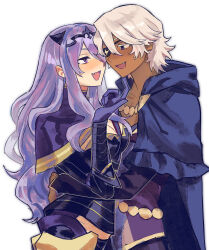 Rule 34 | 1boy, 1girl, armor, babykatafan, black armor, blue eyes, blue hood, breasts, camilla (fire emblem), capelet, cleavage, couple, dark-skinned male, dark skin, eyepatch, fire emblem, fire emblem fates, hair over one eye, hetero, highres, hood, hooded capelet, large breasts, long hair, looking at another, niles (fire emblem), nintendo, purple eyes, purple hair, smile, tiara, wavy hair, white hair