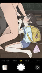 1boy 1girl after_fellatio age_difference backpack bag bar_censor bare_legs barefoot blue_shirt blue_shorts blush brown_hair censored chalkboard classroom closed_eyes clothed_female_nude_male clothed_sex clothes_writing commentary_request cum cum_in_mouth cum_string denim denim_shorts desk drawstring drooling fake_phone_screenshot fake_screenshot from_side frown hands_up hetero highres indoors kinchaku loli nose_blush nude on_floor open_mouth original penis penis_grab pink_bag ponytail pouch profile randoseru rape sabuakadeath saliva school_desk shirt short_shorts short_sleeves shorts sitting t-shirt tears toes untucked_shirt wariza wispy_bangs wooden_floor yellow_bag