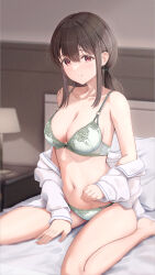 1girl absurdres bare_legs barefoot bed bed_sheet blush bra breasts brown_hair cleavage collarbone commentary_request fujinomiya_rio green_bra green_panties hair_between_eyes highres indoors lamp long_hair looking_at_viewer medium_breasts on_bed original panties parted_lips pillow red_eyes shirt sideboob sidelocks sitting toes twintails underwear wariza white_shirt