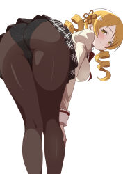 1girl absurdres ass bent_over black_panties black_skirt blonde_hair breasts cameltoe drill_hair from_behind hand_on_own_knee hateri highres juliet_sleeves large_breasts light_blush light_smile long_sleeves looking_at_viewer looking_back mahou_shoujo_madoka_magica mitakihara_school_uniform panties panties_under_pantyhose pantyhose plaid_clothes plaid_skirt puffy_sleeves school_uniform simple_background skirt standing thighs tomoe_mami twin_drills underwear white_background yellow_eyes