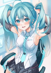1girl ahoge aqua_eyes aqua_hair aqua_nails aqua_necktie arm_up armpits black_skirt blush breasts bunching_hair detached_sleeves hair_between_eyes hatsune_miku hatsune_miku_(vocaloid4) highres inue_ao long_hair long_sleeves looking_at_viewer medium_breasts miniskirt necktie open_mouth shirt sitting skirt sleeveless sleeveless_shirt smile solo twintails very_long_hair vocaloid white_shirt