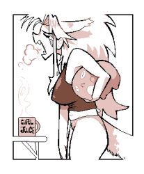 1girl belly breasts cat_tail covered_erect_nipples cowboy_shot cup from_side gnyash highres holding holding_stuffed_toy large_breasts monochrome mug open_mouth original pxlfrug sidelocks sleepy solo stuffed_toy tail tearing_up
