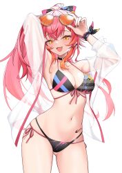 1girl :d adjusting_eyewear arm_behind_head armpits arms_up bikini black_bikini breasts cleavage commentary_request cowboy_shot eyewear_on_head fang front-tie_bikini_top front-tie_top gluteal_fold hair_between_eyes high_ponytail highres jacket long_hair looking_at_viewer medium_breasts multi-strapped_bikini_bottom multi-strapped_bikini_top navel nekota_tsuna open_mouth orange-tinted_eyewear outdoors paint_splatter pink_hair ponytail see-through_clothes see-through_jacket side-tie_bikini_bottom sidelocks simple_background sky smile solo standing stomach string_bikini sunglasses swimsuit tinted_eyewear vspo! white_background yellow_eyes z.m._(zimin)