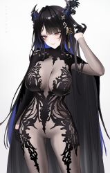 1girl absurdres adjusting_hair alternate_costume artist_name asymmetrical_horns black_cape black_dress black_gloves black_hair blue_hair breasts cape chronopattern_dress cleavage closed_mouth colored_inner_hair cowboy_shot demon_horns dress flower gloves hair_ornament half_gloves hashtag-only_commentary highres hololive hololive_english horn_flower horns large_breasts lips long_hair looking_at_viewer lyusiola mole mole_under_eye multicolored_hair nerissa_ravencroft red_eyes revealing_clothes simple_background solo tassel tassel_hair_ornament virtual_youtuber white_background