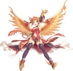 Rule 34 | 1girl, arm up, armpits, artist request, bare shoulders, black panties, blue eyes, breasts, chinese clothes, cleavage, clothing cutout, feathered wings, full body, game cg, gloves, hair ornament, highres, legend clover, multicolored hair, navel, navel cutout, official art, open mouth, orange hair, panties, suzaku (legend clover), third-party source, transparent background, underwear, winged footwear, wings