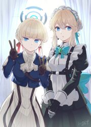 2girls apron aqua_gemstone ascot blonde_hair blue_archive blue_eyes bow bowtie braid cosplay costume_switch crossover double_v earpiece expressionless gem gloves hair_ribbon halo headset ishikawa_yui long_hair long_sleeves look-alike looking_at_viewer maid maid_apron maid_headdress mechanical_arms multiple_girls niina_ryou parted_lips ribbon shoulder_strap signature toki_(blue_archive) v violet_evergarden violet_evergarden_(series)