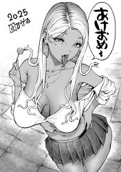 Rule 34 | 1girl, bracelet, breasts, candy, collarbone, dark-skinned female, dark skin, earrings, fake nails, food, forked tongue, gradient hair, greyscale, gyaru, highres, holding, holding candy, holding food, holding lollipop, jewelry, kogal, large breasts, lollipop, long eyelashes, long hair, looking at viewer, mole, mole under eye, monochrome, multicolored hair, nagisamade, navel, necklace, open mouth, original, piercing, pleated skirt, sagging breasts, shirt, skirt, snake, solo, teeth, tongue, tongue out, tongue piercing