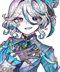 1girl absurdres black_gloves blue_eyes blue_hair crosshatching frilled_sleeves frills furina_(genshin_impact) genshin_impact gloves hair_between_eyes hand_jewel hand_on_own_chest hat hatching_(texture) heterochromia high_collar highres jewelry long_hair_between_eyes long_sleeves medium_hair multicolored_hair neckerchief pendant setsu_o_o simple_background smile solo symbol-shaped_pupils top_hat traditional_media upper_body wavy_hair white_background white_hair