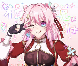 1girl absurdres bell black_gloves blue_eyes breasts chinese_clothes closed_mouth commentary_request earrings fingerless_gloves flower gloves hair_flower hair_ornament hairpin highres honkai:_star_rail honkai_(series) jacket jewelry jingle_bell konpeyo long_sleeves mandarin_collar march_7th_(honkai:_star_rail) march_7th_(hunt)_(honkai:_star_rail) medium_breasts medium_hair multicolored_eyes official_alternate_costume official_alternate_hairstyle one_eye_closed open_clothes open_jacket pink_eyes pink_hair pink_pupils puffy_sleeves red_jacket shuangyaji single_earring smile solo tongue tongue_out translation_request twitter_username two-tone_eyes upper_body v v_over_eye white_sleeves
