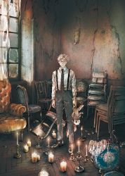 1boy armchair bandages black_footwear blindfold candle candlelight candlestand chair collared_shirt curtains dilapidated doll expressionless full_body highres holding holding_doll kobone_awaki light light_particles male_focus necktie original pants shirt shoes short_hair standing suspenders white_hair white_shirt window wooden_floor