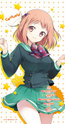 Rule 34 | 029, breasts, brown eyes, brown hair, character name, cowboy shot, english text, green serafuku, hair ribbon, hataraku maou-sama!, highres, large breasts, miniskirt, plaid ribbon, pleated skirt, polka dot, polka dot background, purple ribbon, red ribbon, ribbon, sasaki chiho, school, school uniform, serafuku, skirt, smile, standing, table of contents, tareme, tented shirt, thighs, two side up, w arms