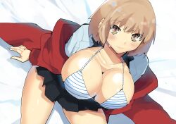 1girl breasts brown_eyes brown_hair cleavage devil_survivor_(series) devil_survivor_2 highres huge_breasts large_breasts looking_at_viewer nervous nitta_io rice_grg school_uniform short_hair skirt sweat sweatdrop
