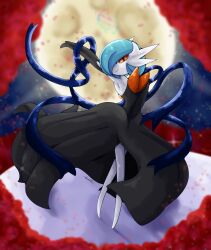 Rule 34 | absurdres, alternate color, black dress, black gloves, blue hair, blue ribbon, colored skin, creatures (company), dress, elbow gloves, game freak, gardevoir, gen 3 pokemon, gloves, highres, mega evolution symbol, mega gardevoir, mega pokemon, nintendo, novares07, orange eyes, pokemon, pokemon (creature), ribbon, shiny pokemon, signature, smile, strapless, strapless dress, white skin