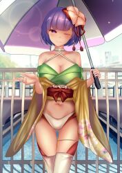 1girl aged_up alternate_breast_size alternate_costume bare_shoulders breasts bridge choker city cleavage collarbone commentary_request cowboy_shot criss-cross_halter crop_top cropped_kimono cropped_shirt crossed_legs day flower flower_on_head green_shirt halterneck hieda_no_akyuu highres holding holding_umbrella japanese_clothes kimono large_breasts layered_panties lens_flare light_smile long_sleeves looking_at_viewer midriff navel no_pants obi off-shoulder_shirt off_shoulder one_eye_closed outdoors panties purple_eyes purple_hair race_queen red_panties red_sash sash shirt short_hair shounen_(hogehoge) solo standing thigh_strap thighhighs touhou umbrella underwear white_choker white_panties white_thighhighs wide_sleeves yellow_kimono