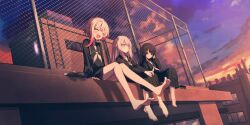 3girls absurdres adjusting_hair barefoot black_hair black_sailor_collar black_serafuku black_shirt black_skirt blush building chain-link_fence closed_eyes cloud dusk dutch_angle facing_away fang feet fence from_side game_cg highres long_hair long_skirt long_sleeves mahou_shoujo_no_majo_saiban multicolored_hair multiple_girls neckerchief nikaidou_hiro official_art open_mouth outdoors pink_hair pleated_skirt red_hair rooftop sailor_collar sakuraba_ema school_uniform serafuku shadow shirt sitting skirt sky smile soles star_(sky) sunset umemaro_(siona0908) white_hair white_neckerchief