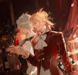 Rule 34 | 2boys, 40080028157, alcohol, antenna hair, ascot, black vest, blonde hair, blue eyes, braid, chinese commentary, collared shirt, commentary request, cup, drinking glass, gradient hair, hair between eyes, highres, holding, holding cup, honkai: star rail, honkai (series), jacket, long sleeves, male focus, medium hair, multicolored hair, multiple boys, mydei (honkai: star rail), open mouth, pants, phainon (honkai: star rail), red hair, red jacket, shirt, short hair, side braid, toasting (gesture), vest, white ascot, white hair, white pants, white shirt, wine, wine glass, yellow eyes