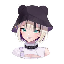 1girl absurdres bear_hat belt_collar blonde_hair breasts bucket_hat cleavage cleavage_cutout clothing_cutout collar colored_inner_hair cropped_shoulders earrings green_eyes grin hat highres iris_black_games jewelry ji-rex kurumi_noah kurumi_noah_(7th_costume) medium_hair multicolored_hair parted_bangs safety_pin simple_background single_bare_shoulder smile solo streaked_hair turtleneck virtual_youtuber vspo! white_background