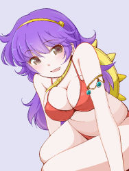 1girl arm_support athena_(series) bikini breasts brown_eyes cleavage large_breasts legs long_hair looking_at_viewer princess_athena purple_hair red_bikini shield sitting smile snk swimsuit thighs