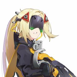 1girl black_blindfold black_shrug blindfold blonde_hair camouflage camouflage_jacket gun hair_ornament highres holding holding_gun holding_weapon jacket long_hair parted_lips ponytail shrug_(clothing) thr6e9e triangle_hair_ornament trigger_(zenless_zone_zero) upper_body weapon white_background zenless_zone_zero